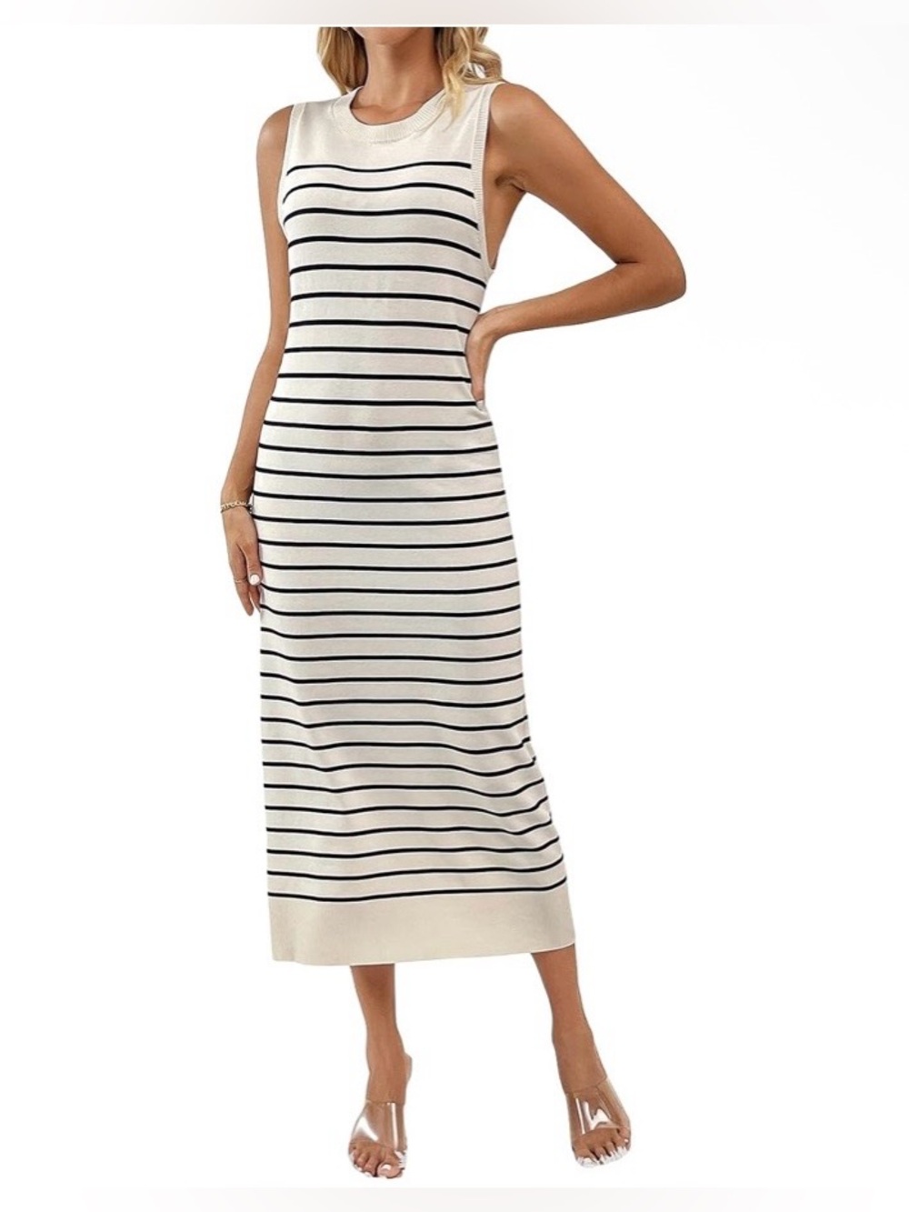 Miss Sparkling Striped Knit Sweater Midi Dress Cream Black Sleeveless Size XL